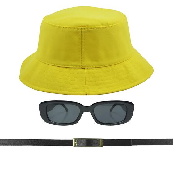 Imagem de Kit Chapéu Bucket, Oculos De Sol Proteção Uv400 E Cinto Fivela Dourado CF04