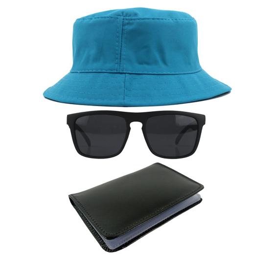 Imagem de Kit Chapéu Bucket, Óculos de Sol Retangular E Carteira Masculina  MD-03