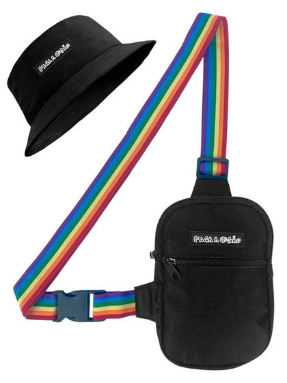 Imagem de Kit Chapeu Bucket Preto + Shoulder Bag Mini Bolsa Lateral Masculina Alça LGBT