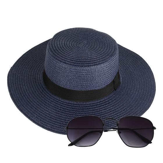 Imagem de Kit Chapéu De Praia Paris Feminino Aba Média De Palha Com Fita Preta Para Praia E Óculos De Sol Hexagonal Proteção Uv400