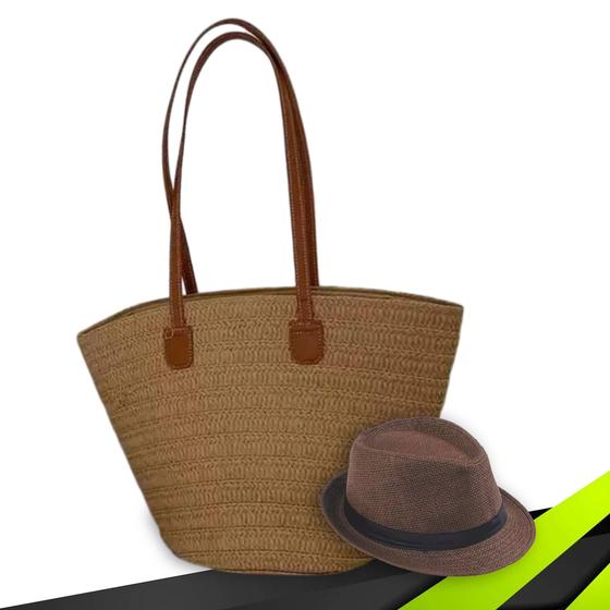 Imagem de Kit Chapéu Palha ABA CURTA Panama + Bolsa GOLD Praia Tote Alça Grande Feminina 1015