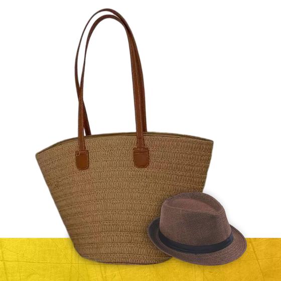 Imagem de Kit Chapéu Palha ABA CURTA Panama + Bolsa GOLD Praia Tote Alça Grande Feminina 1015