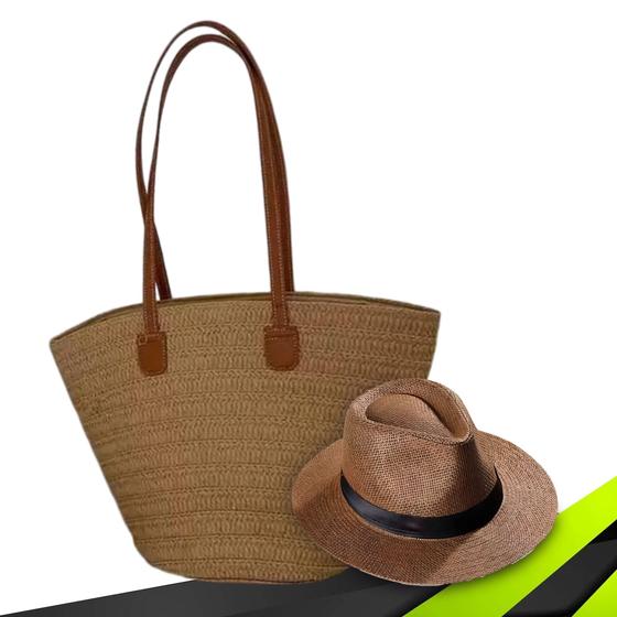 Imagem de Kit Chapéu Palha ABA MÉDIA + Bolsa GOLD Tote Alça Grande Praia Feminino 1016