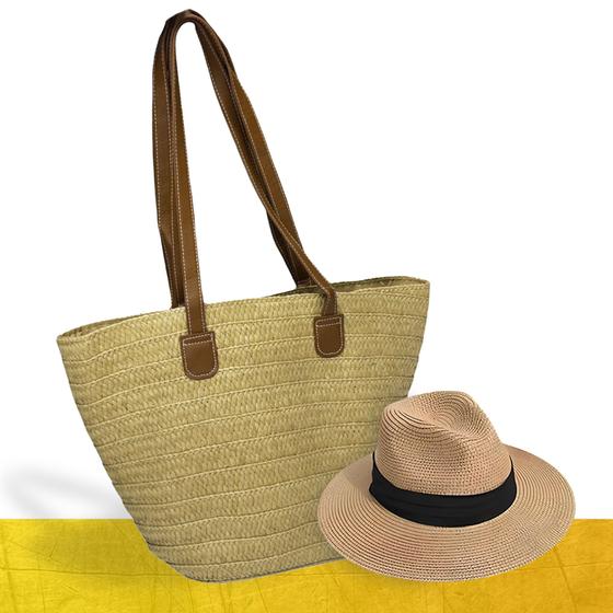 Imagem de Kit Chapéu Palha ABA MÉDIA + Bolsa GOLD Tote Alça Grande Praia Feminino 1016