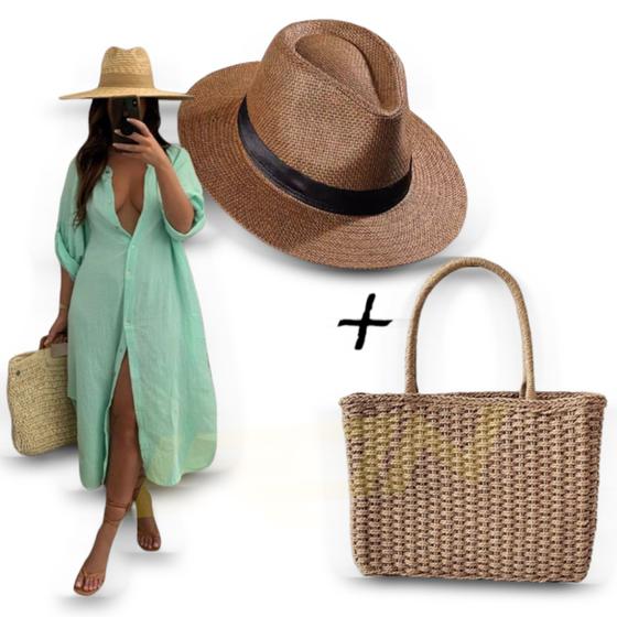 Imagem de Kit Chapéu Palha + Bolsa Casual Praia Feminino ABA MÉDIA PANAMÁ 336