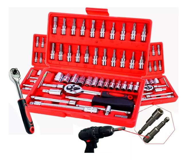 Imagem de Kit Chave Combinada 46 Peças Profissional Ferramentas Catraca Reversível Soquetes Aço c/ Maleta