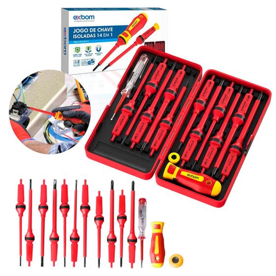 Imagem de Kit Chave de Fenda Isolada com Imã 14 em 1  Certificado NR10 com Estojo Compacto e Testador