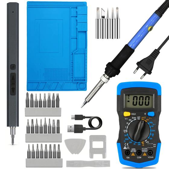 Imagem de Kit Chave Precisão Elétrica Parafusadeira Recarregável + Manta 45x30cm + Multímetro Digital + Ferro de Solda 60w