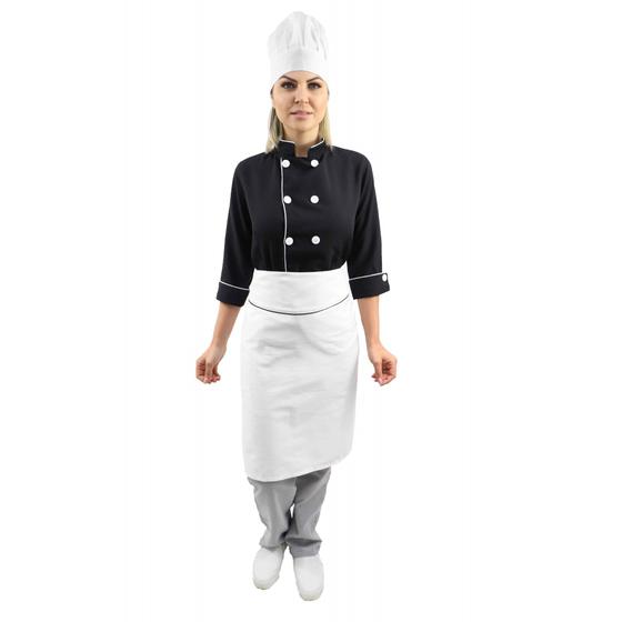 Imagem de Kit chef cozinha feminino Dolmã manga 3/4 + Avental branco + Chapéu branco