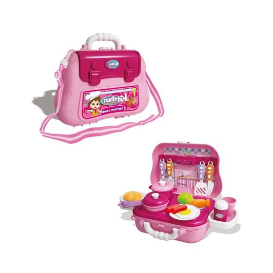 Imagem de Kit Chef de Cozinha Mini Faz de Conta Brinquedo Infantil Portátil 2 em 1 Panela Talheres Maleta Bolsa Menina