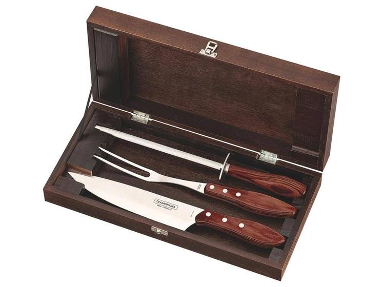 Imagem de Kit churrasco 4 pcs polywood vermelho sortidos com laminas de aco inox e cabos de madeira tramontina