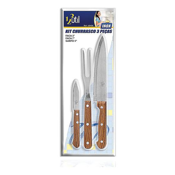 Imagem de Kit Churrasco Aço Inox Garfo Faca Chaira 3pçs - 123útil