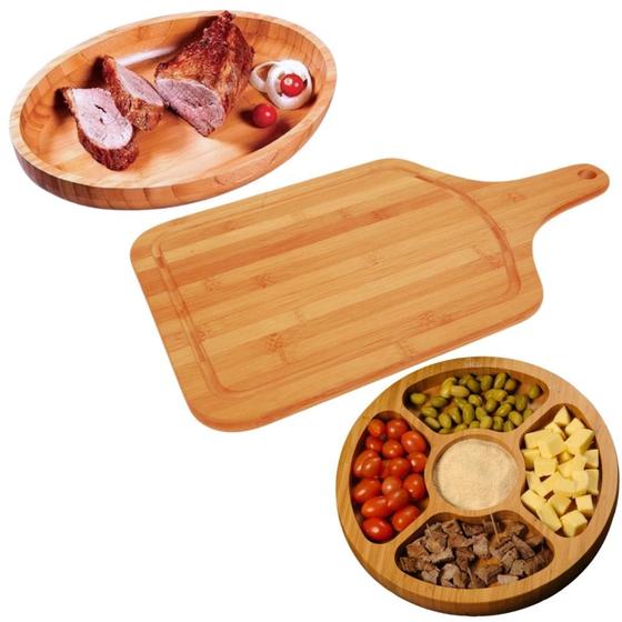 Imagem de Kit Churrasco com 3 Itens Tabua, Travessa Oval e Petisqueira com Divisorias em Bambu Mor