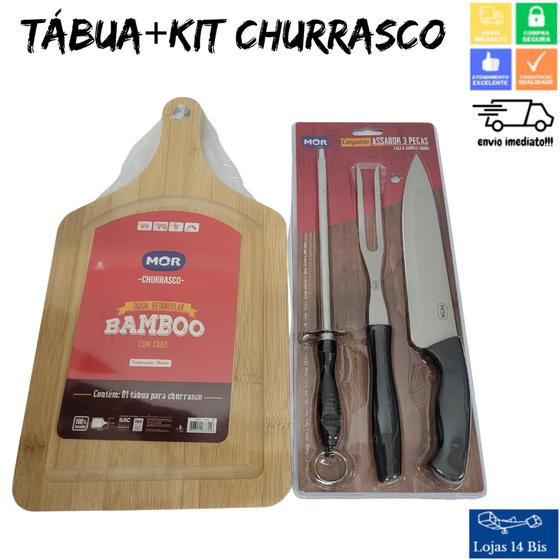 Imagem de Kit Churrasco com Garfo Faca e Amolador de Facas Mor + Tábua de Carne Churrasco 38,5x20,5cm Mor