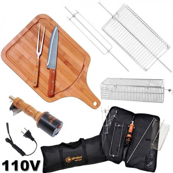 Imagem de Kit Churrasco Espeto Giratorio 110v com Maleta + Tabua de Carne com Faca e Garfo  Girofest 