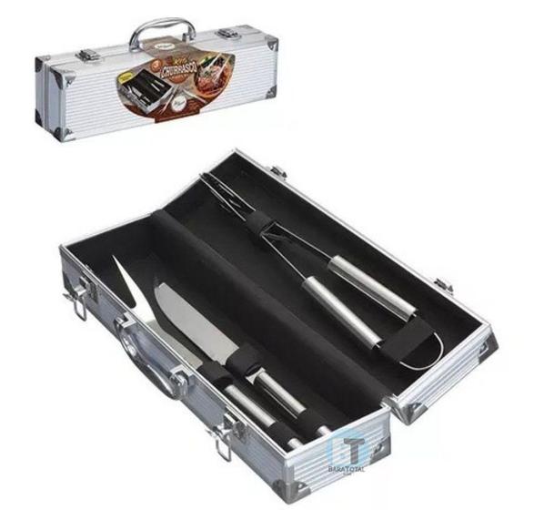 Imagem de Kit churrasco inox 3pcs com maleta - Baratotal Store