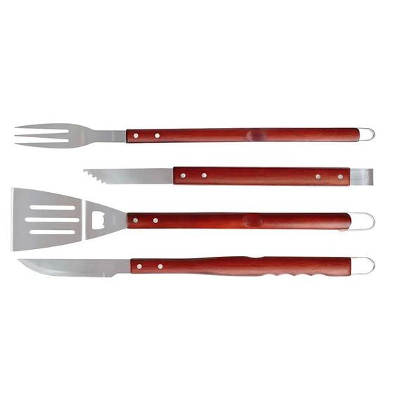 Imagem de Kit Churrasco Inox 4 Peças Faca Garfo Espatula Pegador Mor