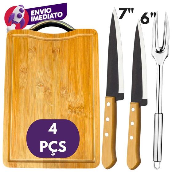 Kit Churrasco Tábua Corte Madeira Garfo Trinchante Inox Faca Peixeira 6 e 7 Polegada Churrasqueira