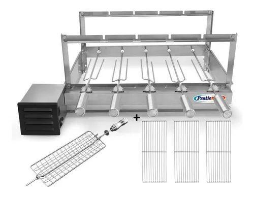 Imagem de kit Churrasqueira Elétrica Giratória 5 Espetos Rotativa Inox 430 Bivolt Motor WEG + 3 Grelhas Auxiliares + Espeto Grelha