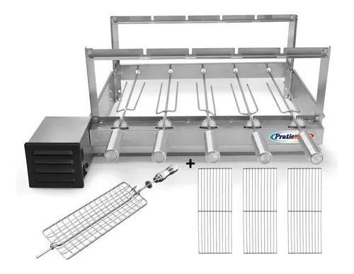 Imagem de Kit Churrasqueira Giratória 5 Espetos Elétrica Rotativa Inox 430 Bivolt Motor WEG + Espeto Grelha + 3 Grelhas Auxiliares