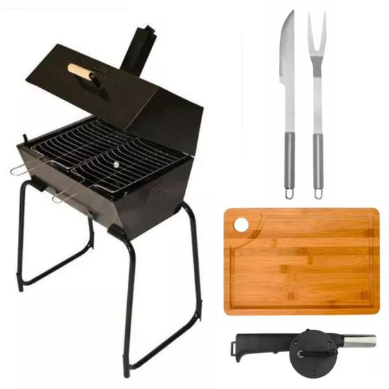 Imagem de Kit Churrasqueira Móvel Portátil + Tábua + Soprador + Utensílios - Churrasco Completo