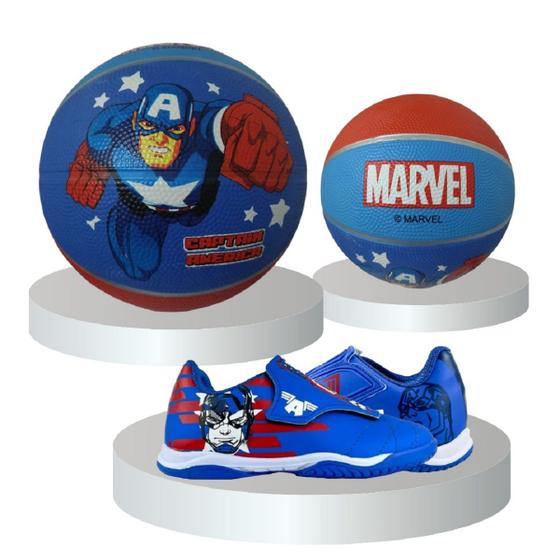 Imagem de Kit Chuteira + Bola Infantil Marvel Herois Capitão America