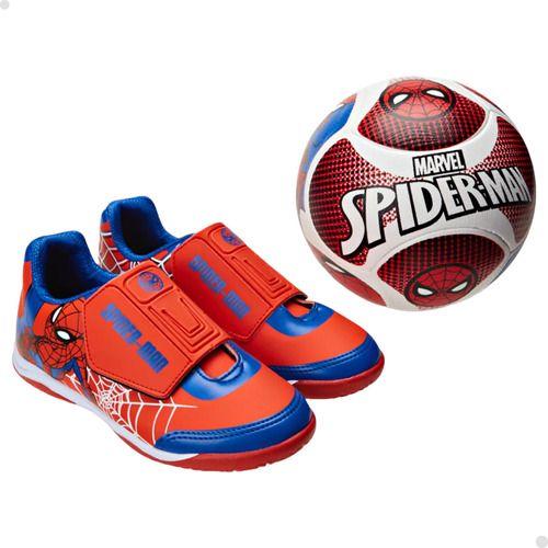 Imagem de Kit chuteira futsal infantil + bola marvel homem aranha 