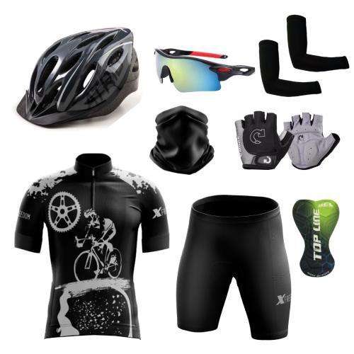 Imagem de Kit Ciclismo Camisa + Bermuda C/ Proteção Gel + Capacete Bike + Acessórios