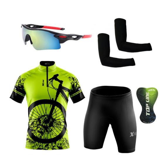 Imagem de Kit Ciclismo Camisa C/ Proteção UV e Bermuda em Gel + Óculos Esportivo + Manguitos