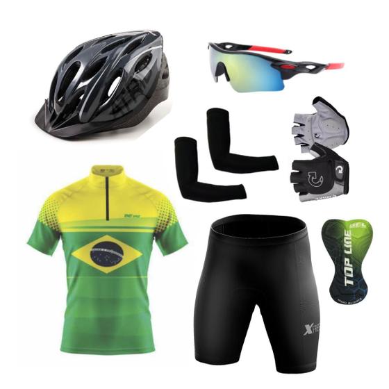 Imagem de Kit Ciclismo Camisa e Bermuda C/ Forro Gel + Capacete + Luvas + Acessórios