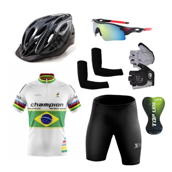 Imagem de Kit Ciclismo Camisa e Bermuda C/ Forro Gel + Capacete + Luvas + Acessórios