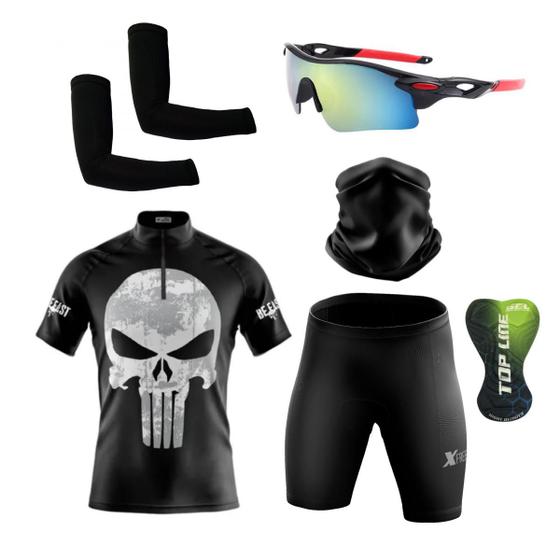 Imagem de Kit Ciclismo Camisa Proteção UV e Bermuda em Gel + Óculos Esportivo + Manguito + Bandana