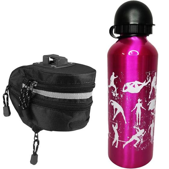 Imagem de Kit Ciclista Bag Selim + Garrafa 500ml Squeeze Esporte Rosa