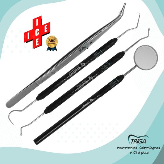 Imagem de Kit Clinico Odontológico ICE 4 Pçs - Sonda Exploradora 5, Escavador 17, Espelho com cabo e Pinça Clinica