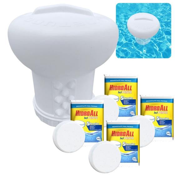 Imagem de Kit Clorador Flutuante Grande Netuno + 4 Pastilhas de Cloro Hidroall 5 em 1 para Piscinas