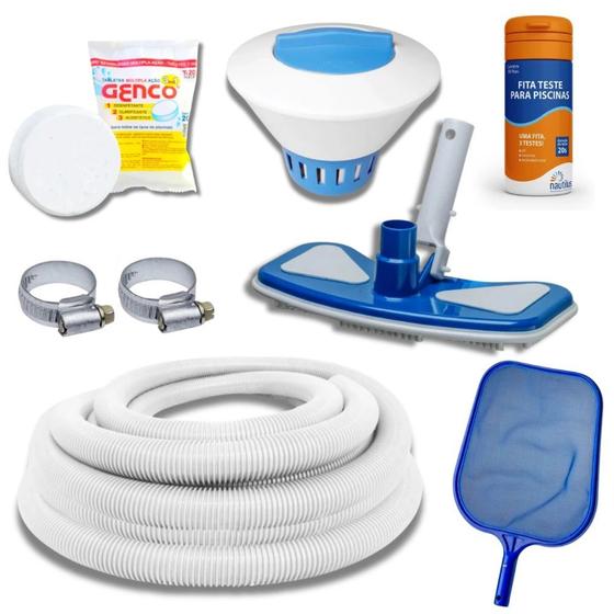 Imagem de Kit Clorador Grande + Mangueira Flutuante + Pastilha de Cloro + Peneira + Aspirador Delta + 50 Fitas Avaliar 3 em 1