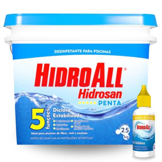 Imagem de Kit Cloro 2,5 Kg Granulado Hidrosan 5x1 + Refil Reagente Orto-tolidina 23ml para Medir Cloro Piscina  Hidroall 