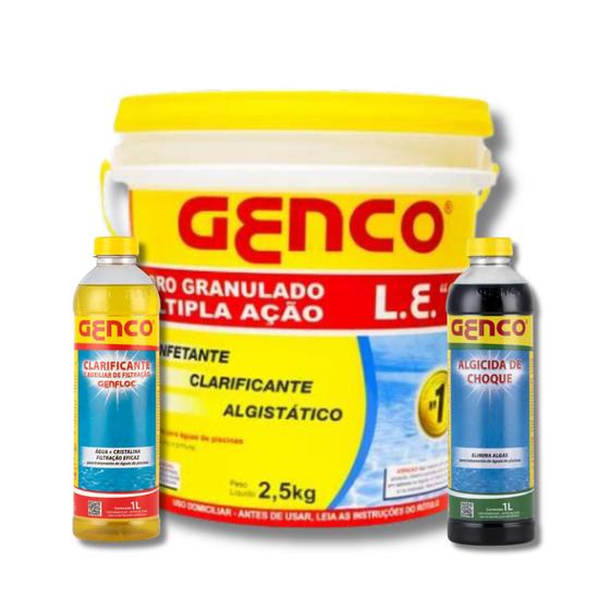 Imagem de Kit Cloro Genco 10kg + 1 Clarificante 1L + 1 Algicida Choque 1L