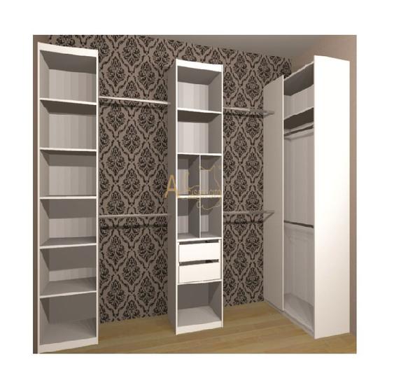 Imagem de Kit Closet Flex Prateleiras Gavetas e Canto Reto MDF 225cmx370cm/110cmx50cm