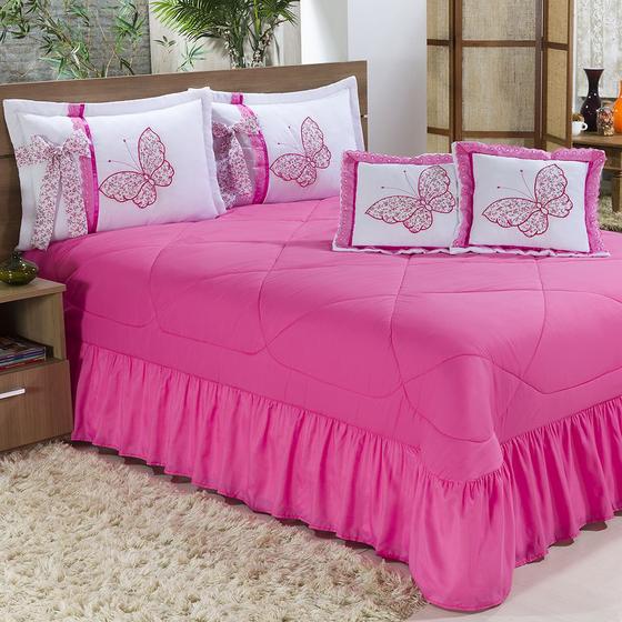 Kit Cobre Leito Borboletas Casal Queen 07 Peças Bordadas - Pink Menor preço em Kit Cobre Leito Borboletas Casal Queen 07 Peças Bordadas - Pink