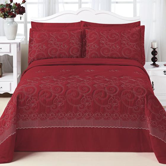 Kit Cobre Leito Bordado Austi Queen 5 Peçs 150 Fios Vermelho Menor preço em Kit Cobre Leito Bordado Austi Queen 5 Peçs 150 Fios Vermelho