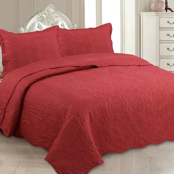 Imagem de Kit Cobre Leito Casal Classic Liso Ultrasonic + 2 Porta-travesseiros Floral Vermelho