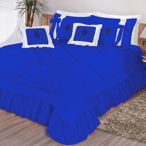 Kit Cobre Leito Casal King Esplendore Bordado 7 Peças Colcha Azul Menor preço em Kit Cobre Leito Casal King Esplendore Bordado 7 Peças Colcha Azul