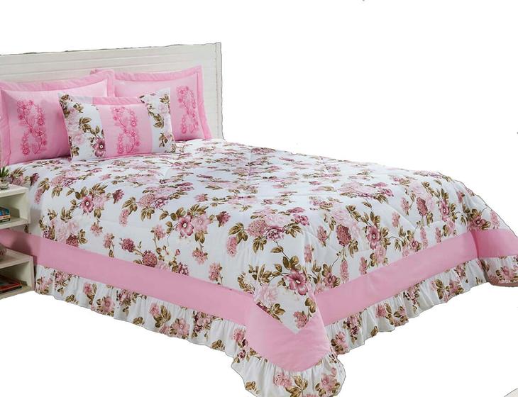 Kit Cobre Leito Casal King Jasmim Bordado 05 Peças Colcha - Rosa Menor preço em Kit Cobre Leito Casal King Jasmim Bordado 05 Peças Colcha - Rosa