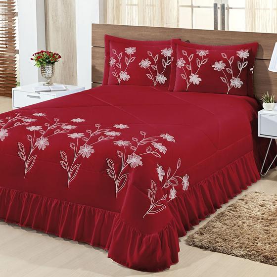 Kit Cobre Leito Casal Padrão Lírio 03 Peças - Vermelho - Bordados Finos Imagem de Kit Cobre Leito Casal Padrão Lírio 03 Peças - Vermelho