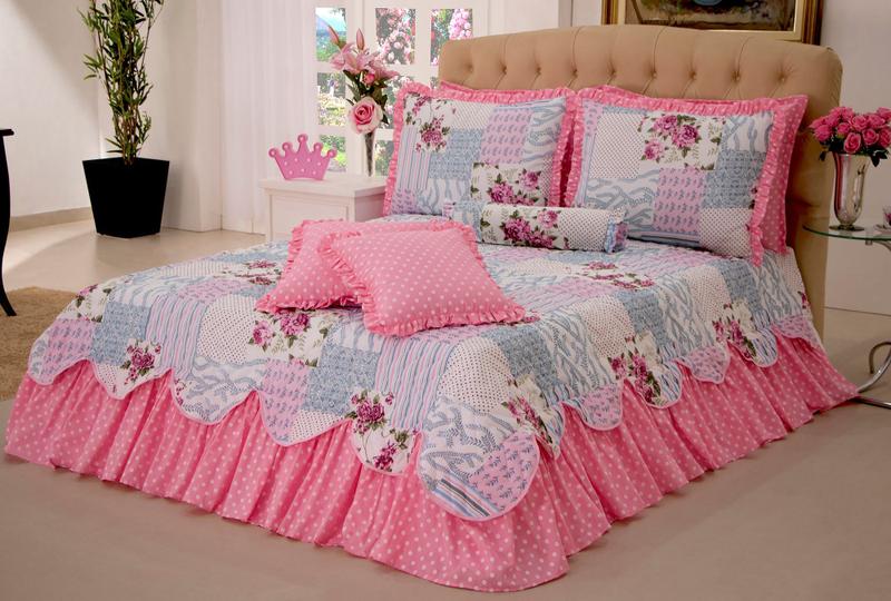 Imagem de Kit Cobre Leito Casal Queen Size 6 pçs Colcha Estampado com Babado Belize