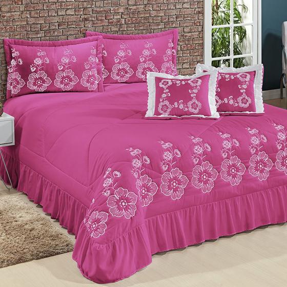 Imagem de Kit Cobre Leito Casal Super King Amore 07 Peças Bordadas PINK