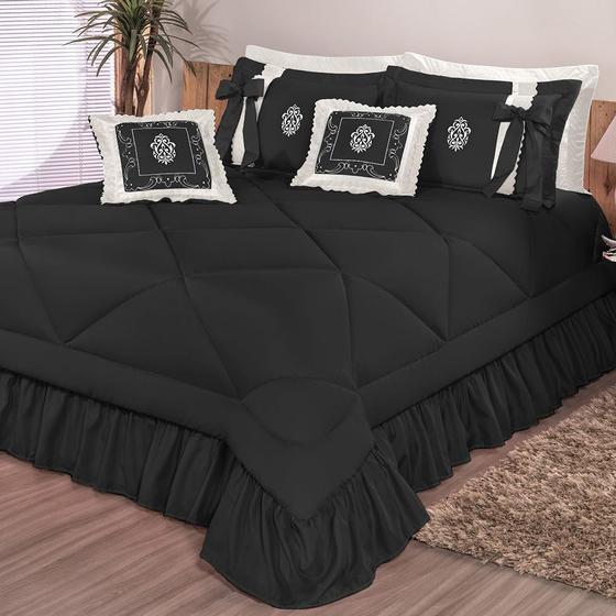 Imagem de Kit Cobre Leito Casal Super King Esplendore Bordado 7 Peças Preto