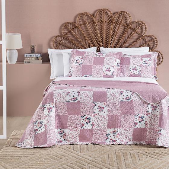 Imagem de Kit Cobre Leito Colcha cama KING 2,80 x 2,60 3 Peças micropercal 200 fios Estampada Floral Dupla Face aba americana