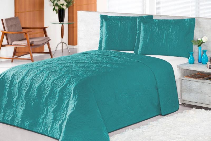 Imagem de Kit Cobre Leito Colcha Cama Queen 3 Peças Dupla Face Matelado Rosas Azul SKY